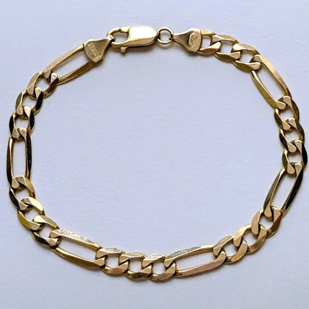 Vintage Italy Designer Unisex Solid 14K Yellow Gold Figaro Link Chain Bracelet